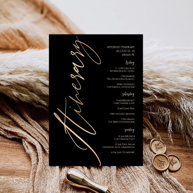 Svart Guld Folie Födelsedagshelg Itinerary Inbjudningar (Black Gold Foil Birthday Weekend Itinerary Invitation)