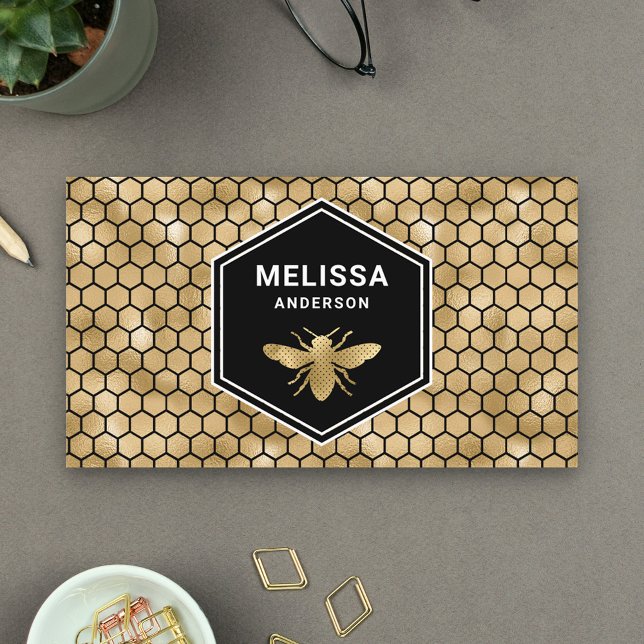 Svart guld folie hexagon bikupa honungsbi visitkort (Skapare uppladdad)