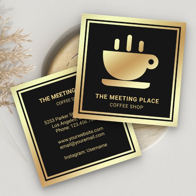 Svart Guld Folie Kaffe Kopp Kaffehus Kaffebutik Fyrkantigt Visitkort (Skapare uppladdad)