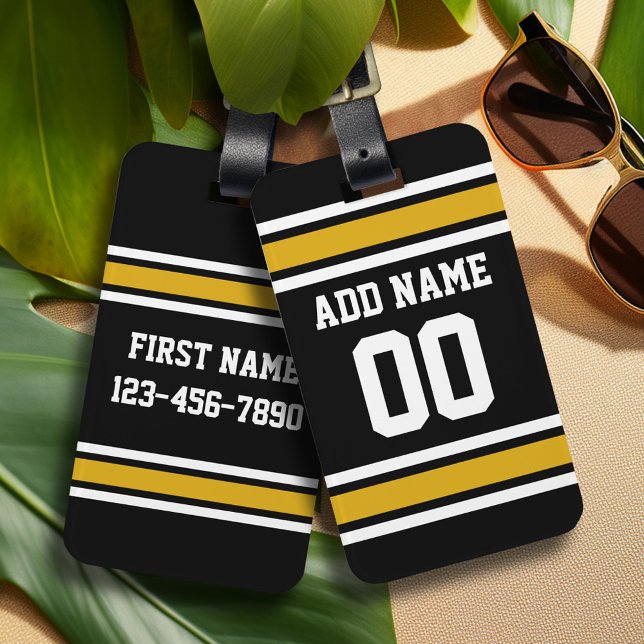 Svart Guld-fotboll Jersey-nummer Bagagebricka (Personalized Sports Luggage Tag - Football Jersey Theme)