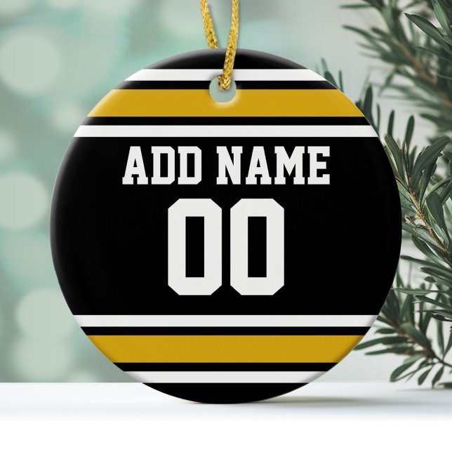 Svart Guld-fotboll Jersey-nummer Julgransprydnad Keramik (Personalized Christmas Ornament - Football Sorts Jersey Stripes)