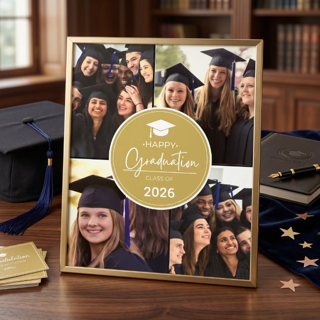 Svart Guld Foto Collage Lycklig Examen (Black Gold Photo Collage Happy Graduation Print)