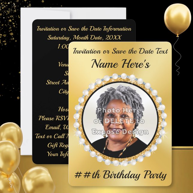 Svart Guld, FOTO Födelsedagsinbjudningar, Spara Da Inbjudningar (Black and gold, elegant save the dates. Gold and black birthday invitations. Photo birthday invites.)