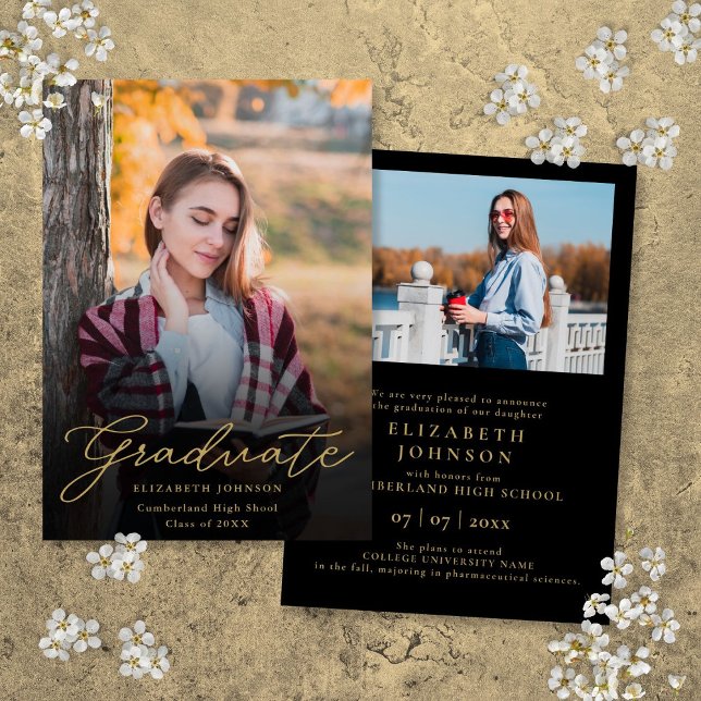 Svart Guld Foto Manus Examen Inbjudan (Black Gold Photo Script Graduation Announcement)