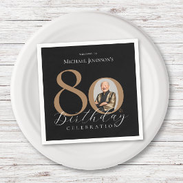 Svart Guld-foto med enkel Elegant 80:e födelsedage Pappersservett