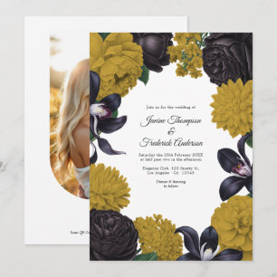 Svart & Guld Foto/QR-kod Blommig Bröllopsinbjudan Inbjudningar