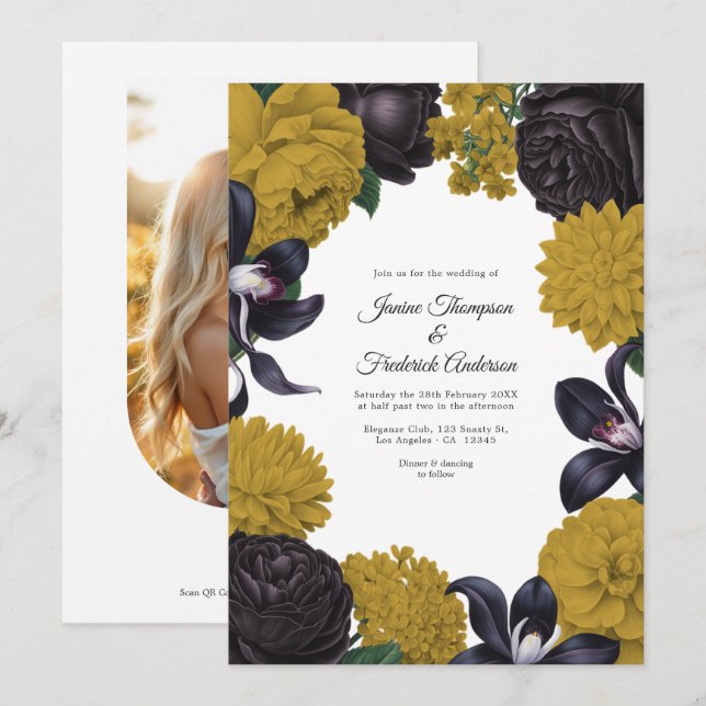 Svart & Guld Foto/QR-kod Blommig Bröllopsinbjudan Inbjudningar (Fram/baksida)