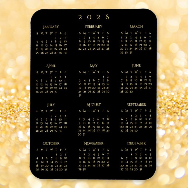 Svart Guld Full År 2026 Kalender Kylskåp Kök Magnet (Black Gold Full Year 2026 Calendar Fridge Kitchen Magnet)