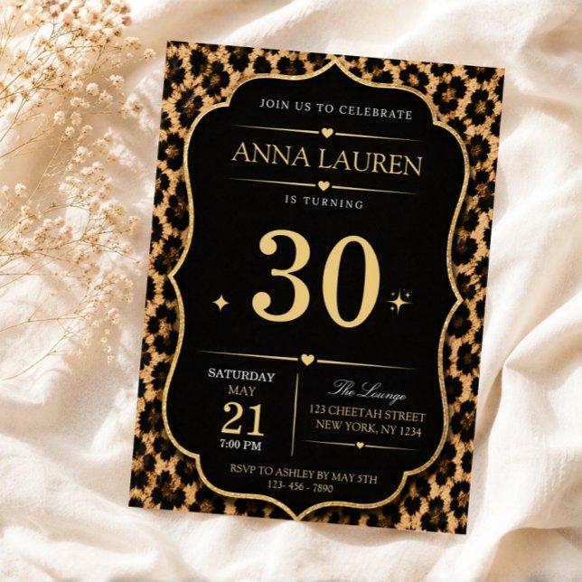 Svart & Guld Gepardtryck Leopard Födelsedag Inbjudningar (30th birthday invitation, cheetah print invite, leopard birthday invite, black gold invitation, glam)