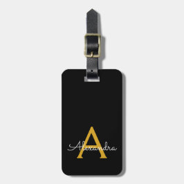 Svart Guld Girly Script Monogram Namn Modern Bagagebricka