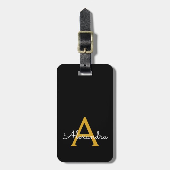 Svart Guld Girly Script Monogram Namn Modern Bagagebricka (Vertikal Framsida)