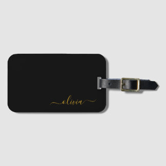Svart Guld Girly Script Monogram Namn Modern Bagagebricka