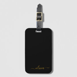 Svart Guld Girly Script Monogram Namn Modern Bagagebricka