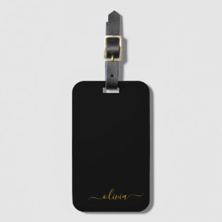 Svart Guld Girly Script Monogram Namn Modern Bagagebricka