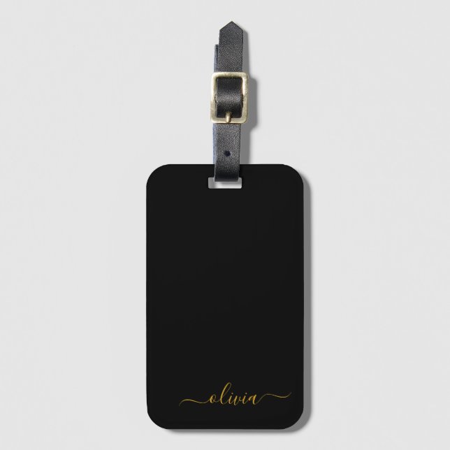 Svart Guld Girly Script Monogram Namn Modern Bagagebricka (Framsida vertikal)