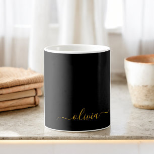 Svart Guld Girly Script Monogram Namn Modern Kaffemugg