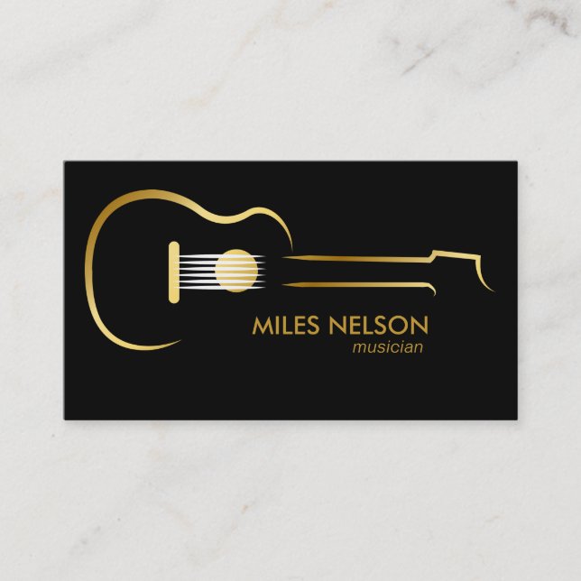 Svart Guld Gitarr Modern Logotyp Musik Visitkort (Framsida)