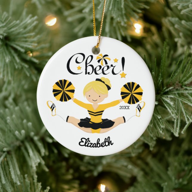 Svart & Guld Glädje Blond Cheerleader Ornament (Träd)