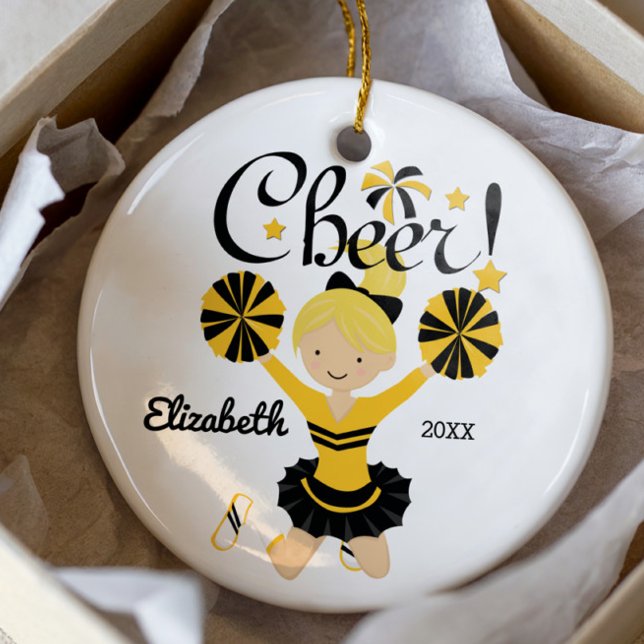 Svart & Guld Glädje Blond Cheerleader Ornament (Skapare uppladdad)