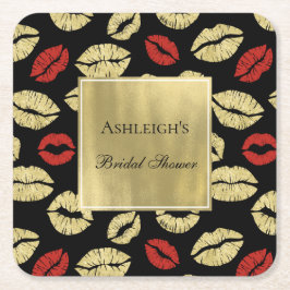 Svart Guld Glam Läpp Bröllopsfest Underlägg Papper Kvadrat