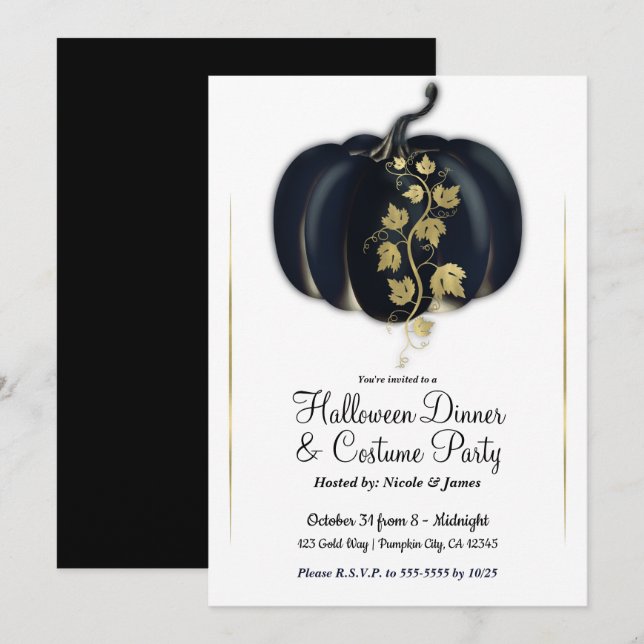 Svart & Guld Glamour Pumpa Halloween Middagskväll  Inbjudningar (Fram/baksida)