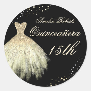 Svart Guld Glänsande Klänning Quinceanera Klisterm Runt Klistermärke