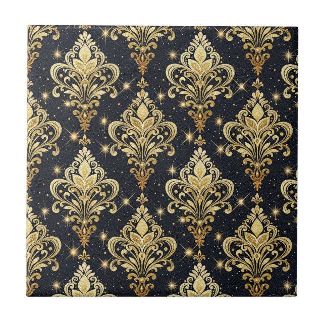 Svart & Guld Glänsande Royal Blommig Damaskmönster Kakelplatta (Framsidan)
