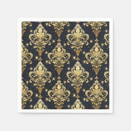 Svart & Guld Glänsande Royal Blommig Damaskmönster Pappersservett