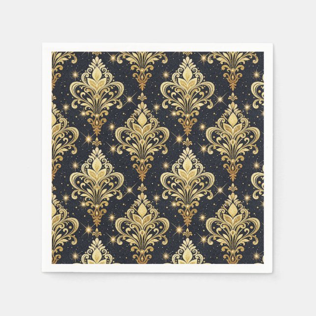Svart & Guld Glänsande Royal Blommig Damaskmönster Pappersservett (Framsidan)