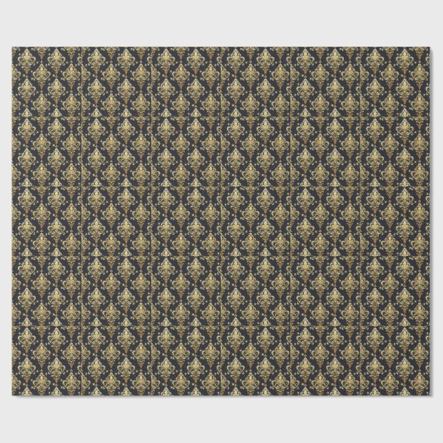 Svart & Guld Glänsande Royal Blommig Damaskmönster Presentpapper (Platt)