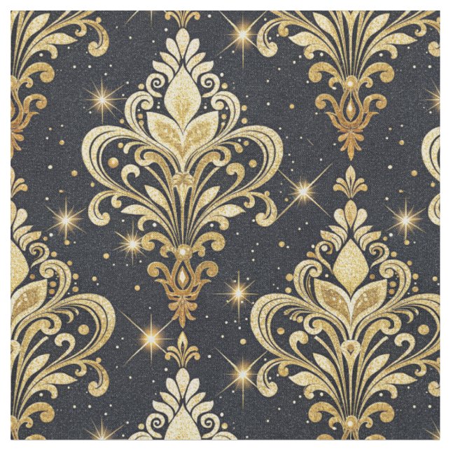 Svart & Guld Glänsande Royal Blommig Damaskmönster Tyg (Närbild)