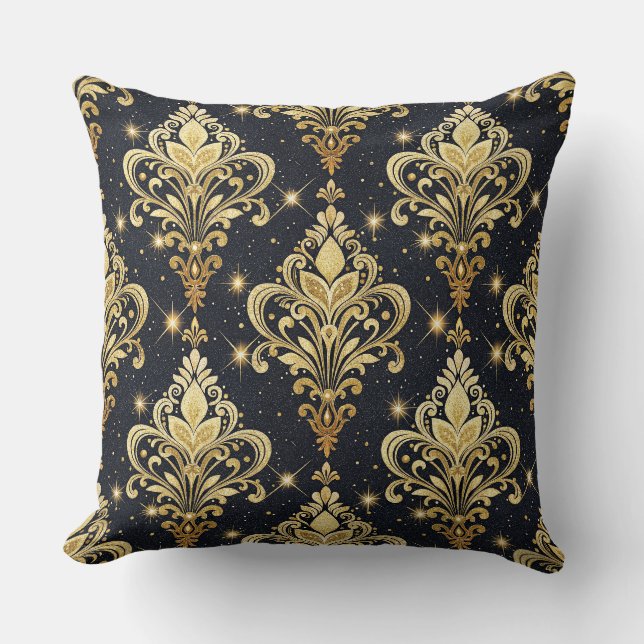 Svart & Guld Glänsande Royal Blommig Damast Mönste Kudde (Framsida)