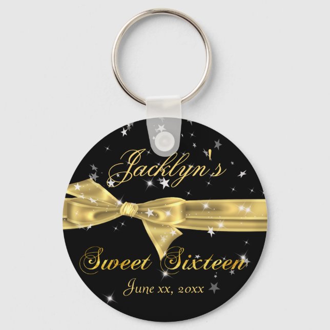 Svart, Guld Glänsande Sweet Sixteen Festlighetspre Nyckelring (Framsida)