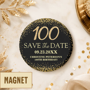 Svart Guld Glitter 100-årsdag Spara datumet Magnet