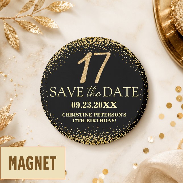Svart Guld Glitter 17-årsdag Spara Datum Magnet (Skapare uppladdad)