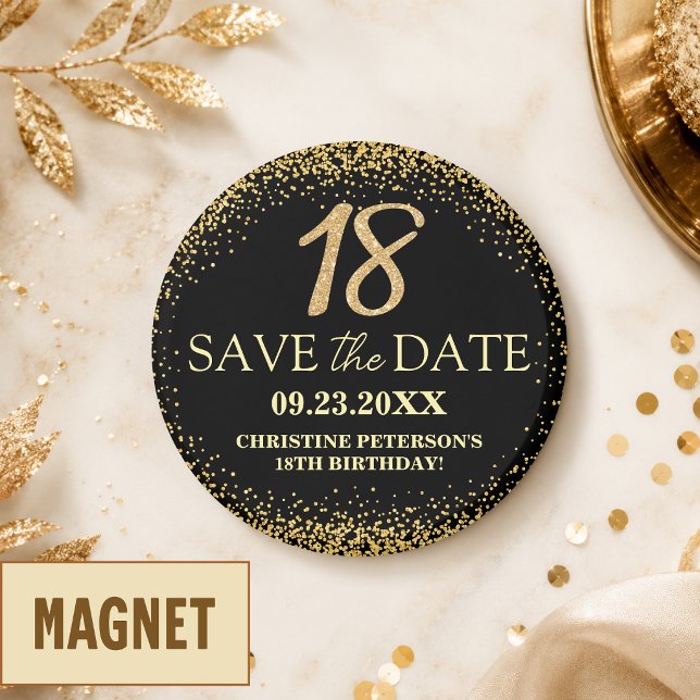 Svart Guld Glitter 18-årsdag Spara datumet Magnet (Skapare uppladdad)