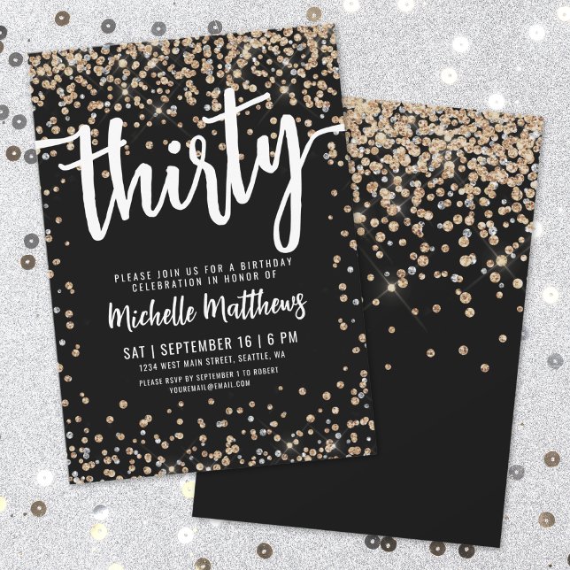 Svart Guld Glitter 30-års Födelsedag Inbjudningar (Black Gold Glitter 30th Birthday Invitation)