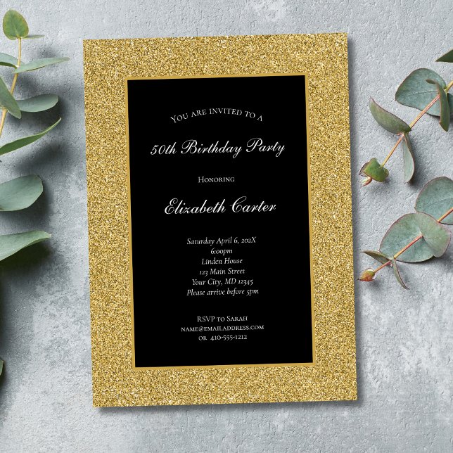 Svart Guld Glitter 50-års 60-års Födelsedagsinbjud (Black and Gold Glitter 50th Birthday invitation. Formal Elegant. Instant Download Digital or Printed)