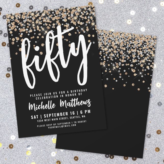 Svart Guld Glitter 50-års Födelsedag Inbjudningar (Black Gold Glitter 50th Birthday Invitation )