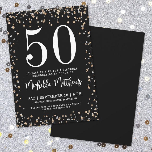 Svart Guld Glitter 50-års Födelsedagsfest Inbjudningar (Black Gold Glitter 50th Birthday Party Invitation)