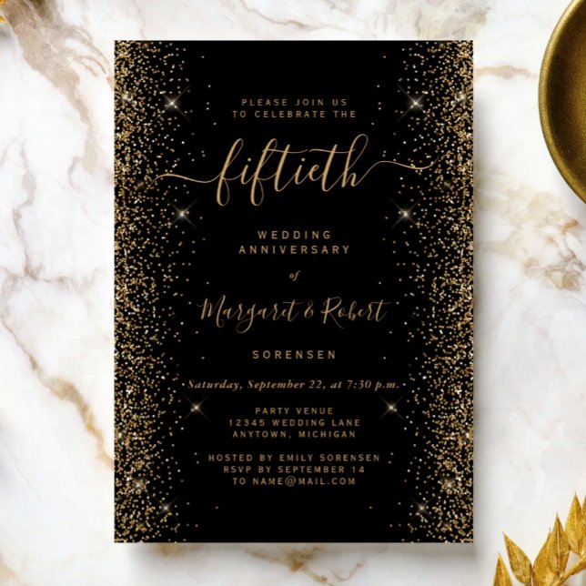 Svart Guld Glitter 50-årsjubileumsfest Inbjudningar (Skapare uppladdad)