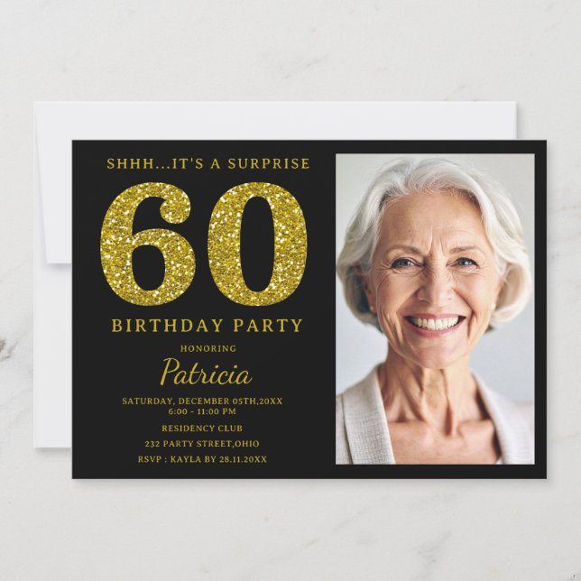 Svart Guld Glitter 60-års Överrasknings Födelsedag Inbjudningar (Framsida)