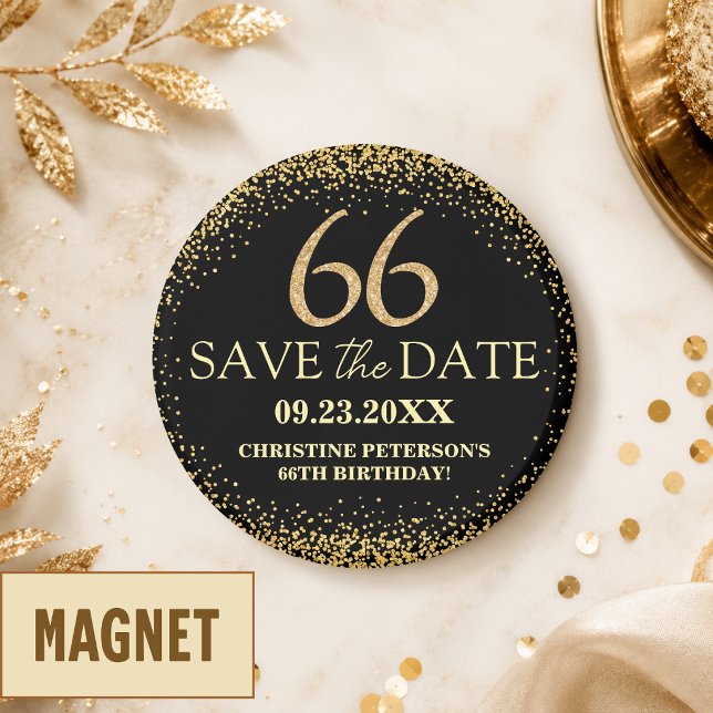 Svart Guld Glitter 66-årsdag Spara datumet Magnet (Skapare uppladdad)