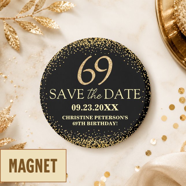 Svart Guld Glitter 69-årsdag Spara Datum Magnet (Skapare uppladdad)