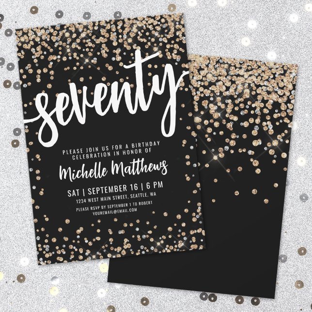 Svart Guld Glitter 70-årsdag Inbjudningar (Black Gold Glitter 70th Birthday Invitation)
