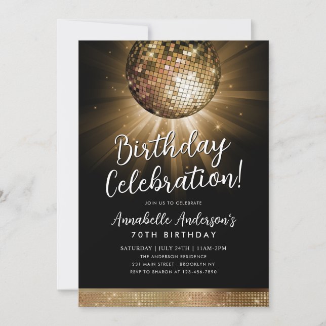 Svart Guld Glitter 70-årsjubileum Party Disco Boll Inbjudningar (Framsida)