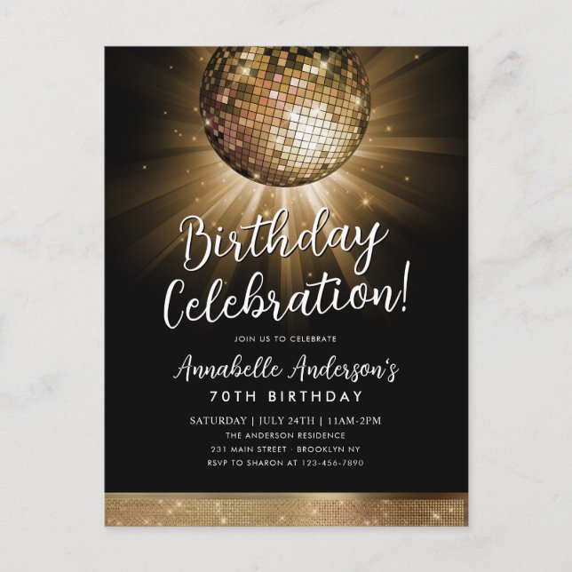 Svart Guld Glitter 70-årsjubileum Party Disco Boll Vykort (Framsida)