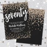 Svart Guld Glitter 70:e födelsedag Inbjudningar<br><div class="desc">Inledning av en chic och firande av 70:e födelsedagsfest inbjudan, perfekt för att markera denna speciella milstolpe i stil. Elegantens utformning har en blandning av konfekti mellan guld och silver glitter, vilket ger en aning roligt och festlighet. Överst visas "70" på en framträdande plats i fet kalligrafi, där tonen för...</div>