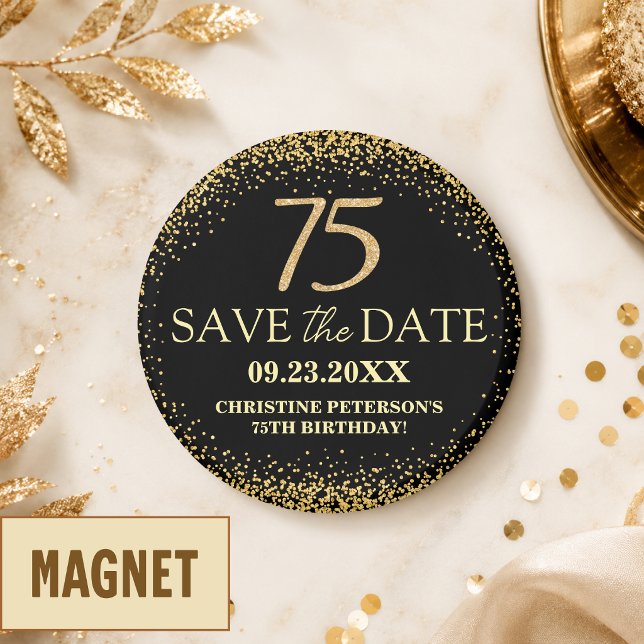 Svart Guld Glitter 75-årsdag Spara Datumet Magnet (Skapare uppladdad)