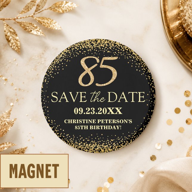 Svart Guld Glitter 85-årsdag Spara datumet Magnet (Skapare uppladdad)